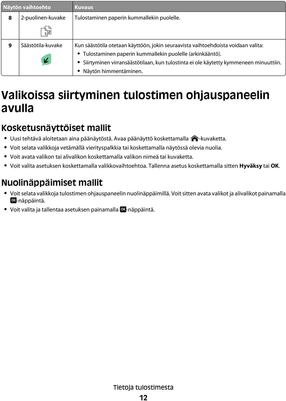 Siirtyminen virransäästötilaan, kun tulostinta ei ole käytetty kymmeneen minuuttiin. Näytön himmentäminen.