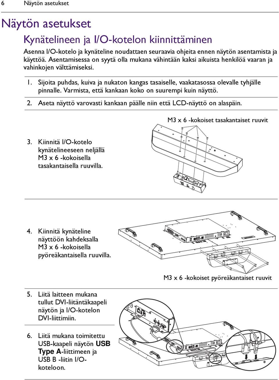 Varmista, että kankaan koko on suurempi kuin näyttö. 2. Aseta näyttö varovasti kankaan päälle niin että LCD-näyttö on alaspäin. M3 x 6 -kokoiset tasakantaiset ruuvit 3.