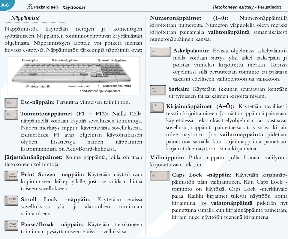 Näppäimistön tärkeimpiä näppäimiä ovat: Esc-näppäin Toimintonäppäimet Järjestelmänäppäimet Windows-näppäin Sovellusnäppäin Numeronäppäimistö Kohdistimenohjausnäppäimet Esc-näppäin: Peruuttaa