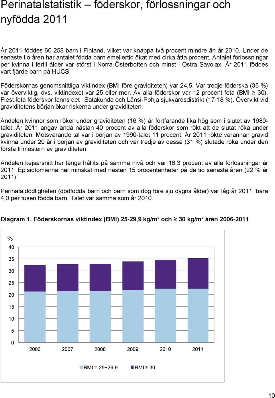 År 2011 föddes vart fjärde barn på HUCS. Föderskornas genomsnittliga viktindex (BMI före graviditeten) var 24,5. Var tredje föderska (35 %) var överviktig, dvs. viktindexet var 25 eller mer.