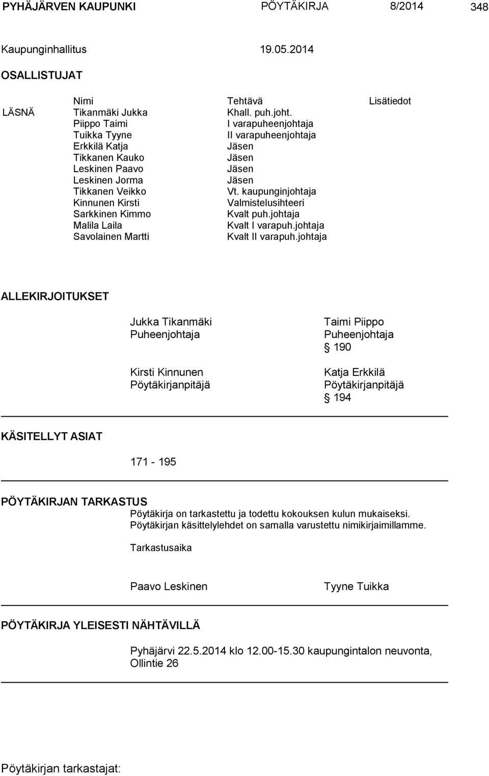 kaupunginjohtaja Kinnunen Kirsti Valmistelusihteeri Sarkkinen Kimmo Kvalt puh.johtaja Malila Laila Kvalt I varapuh.johtaja Savolainen Martti Kvalt II varapuh.