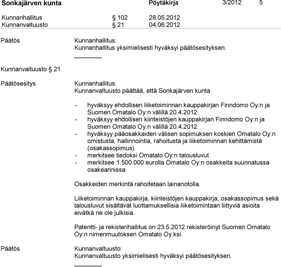 2012 - hyväksyy ehdollisen kiinteistöjen kauppakirjan Finndomo Oy:n ja Suomen Omatalo Oy:n välillä 20.4.