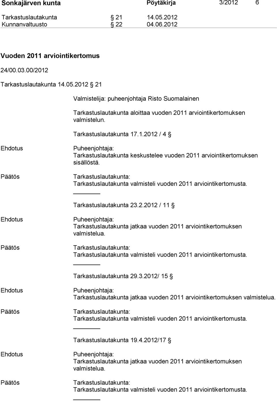 Tarkastuslautakunta: Tarkastuslautakunta valmisteli vuoden 2011 arviointikertomusta. Tarkastuslautakunta 23.2.2012 / 11 Ehdotus Puheenjohtaja: Tarkastuslautakunta jatkaa vuoden 2011 arviointikertomuksen valmistelua.