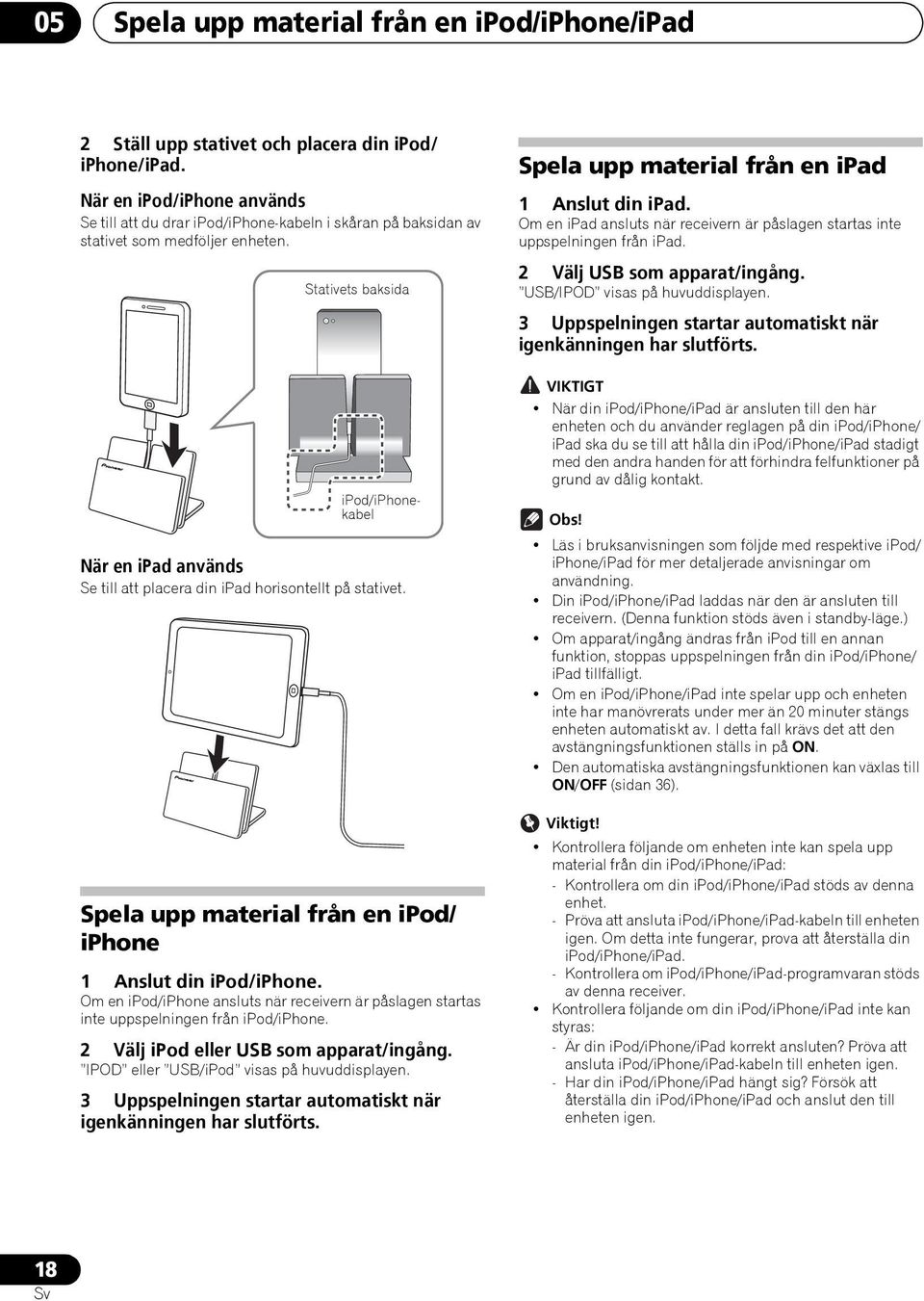 Stativets baksida ipod/iphonekabel När en ipad används Se till att placera din ipad horisontellt på stativet. Spela upp material från en ipod/ iphone 1 Anslut din ipod/iphone.