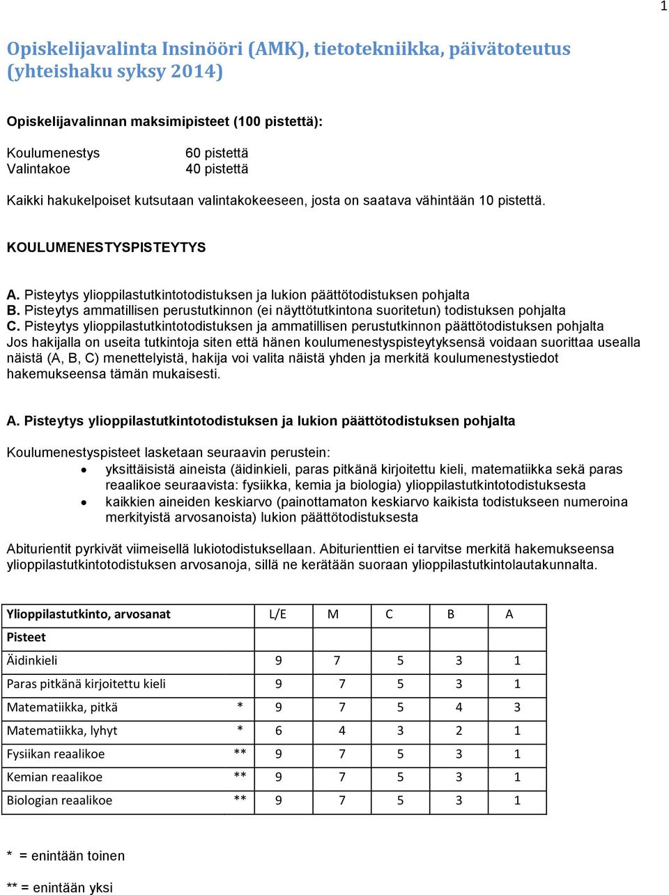Pisteytys ammatillisen perustutkinnon (ei näyttötutkintona suoritetun) todistuksen pohjalta C.
