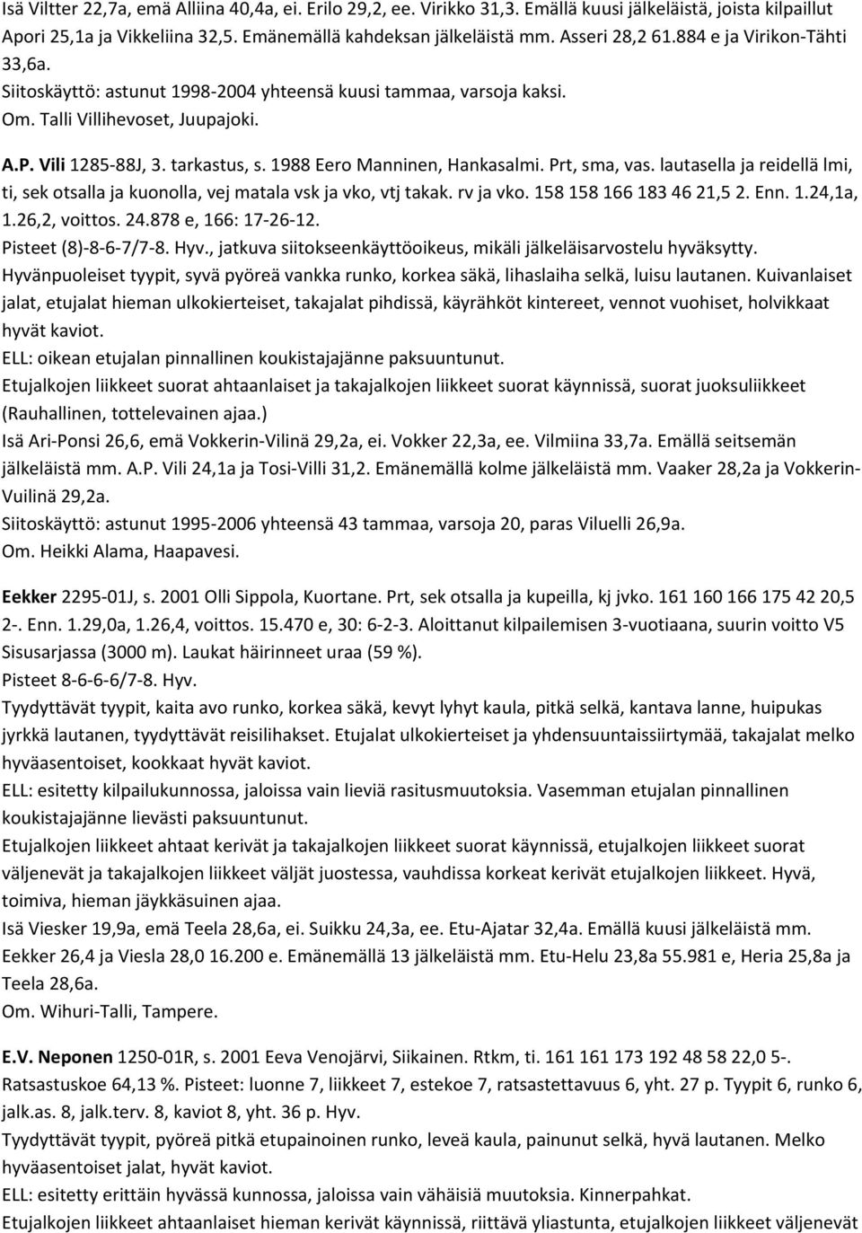 1988 Eero Manninen, Hankasalmi. Prt, sma, vas. lautasella ja reidellä lmi, ti, sek otsalla ja kuonolla, vej matala vsk ja vko, vtj takak. rv ja vko. 158 158 166 183 46 21,5 2. Enn. 1.24,1a, 1.