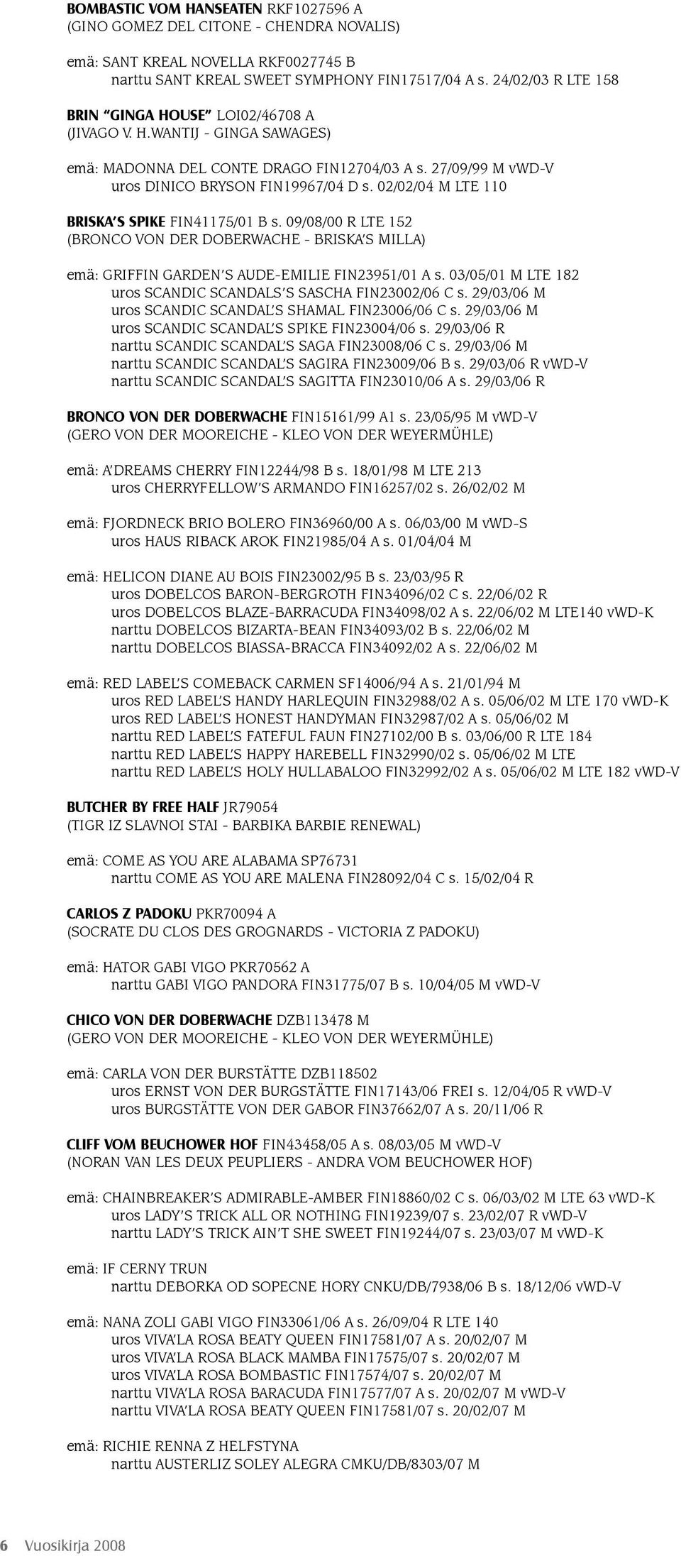 02/02/04 M LTE 110 BRISKA S SPIKE FIN41175/01 B s. 09/08/00 R LTE 152 (BRONCO VON DER DOBERWACHE - BRISKA S MILLA) emä: GRIFFIN GARDEN S AUDE-EMILIE FIN23951/01 A s.
