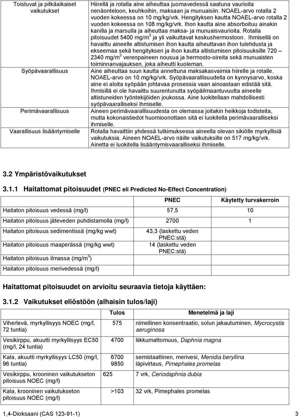 Ihon kautta aine absorboituu ainakin kanilla ja marsulla ja aiheuttaa maksa- ja munuaisvaurioita. Rotalla pitoisuudet 5400 mg/m 3 ja yli vaikuttavat keskushermostoon.