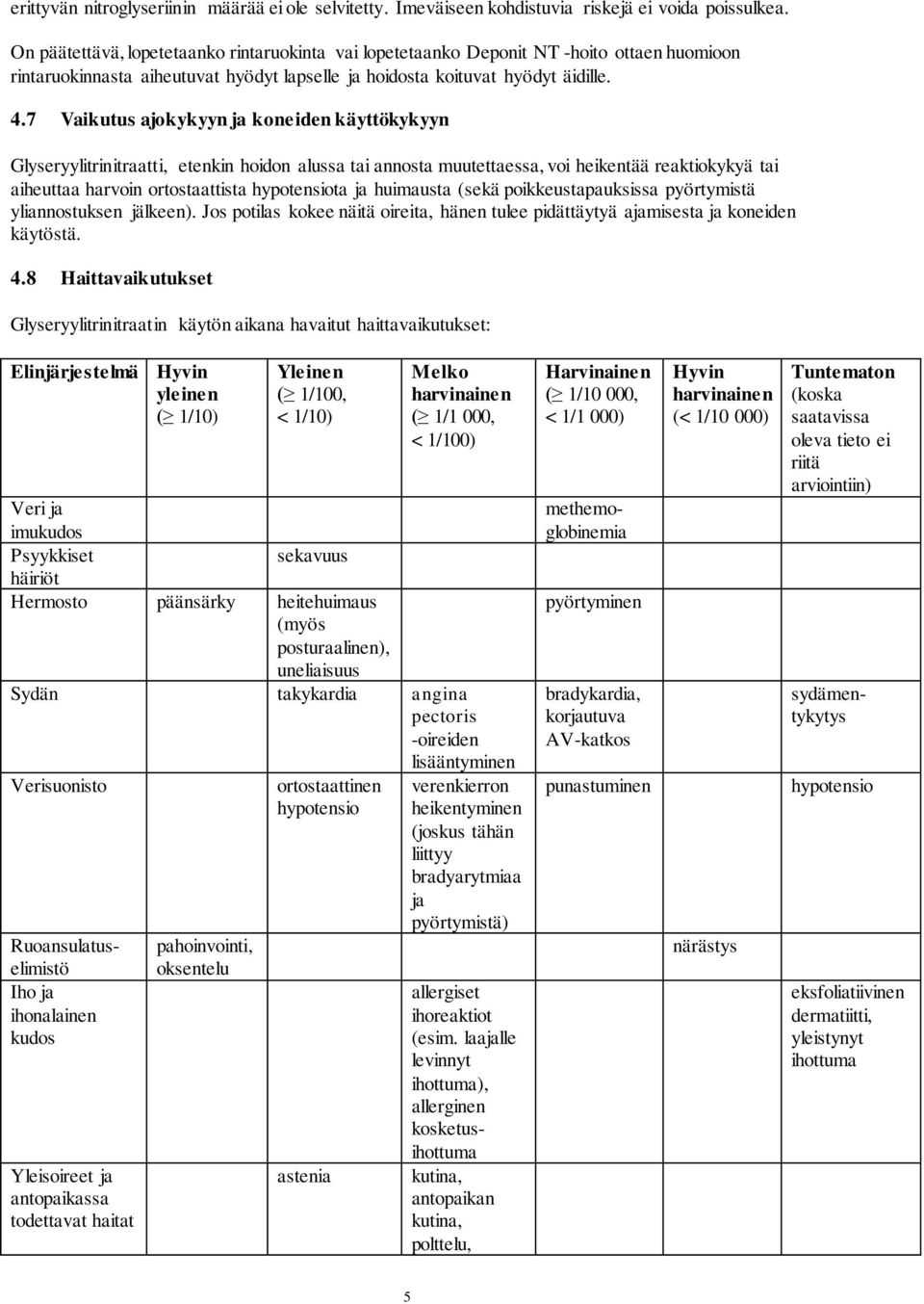 7 Vaikutus ajokykyyn ja koneiden käyttökykyyn Glyseryylitrinitraatti, etenkin hoidon alussa tai annosta muutettaessa, voi heikentää reaktiokykyä tai aiheuttaa harvoin ortostaattista hypotensiota ja