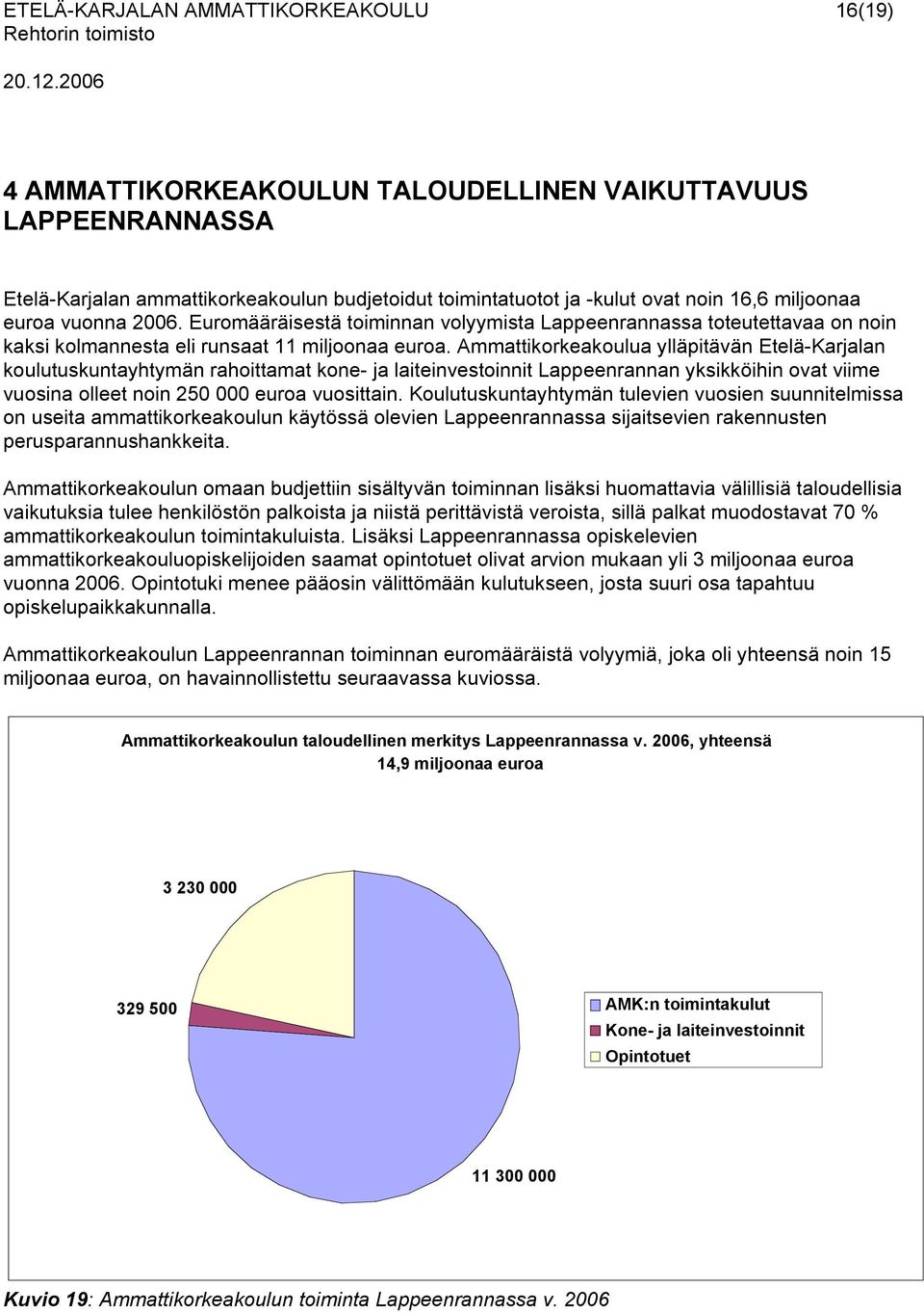 Ammattikorkeakoulua ylläpitävän Etelä-Karjalan koulutuskuntayhtymän rahoittamat kone- ja laiteinvestoinnit Lappeenrannan yksikköihin ovat viime vuosina olleet noin 250 000 euroa vuosittain.