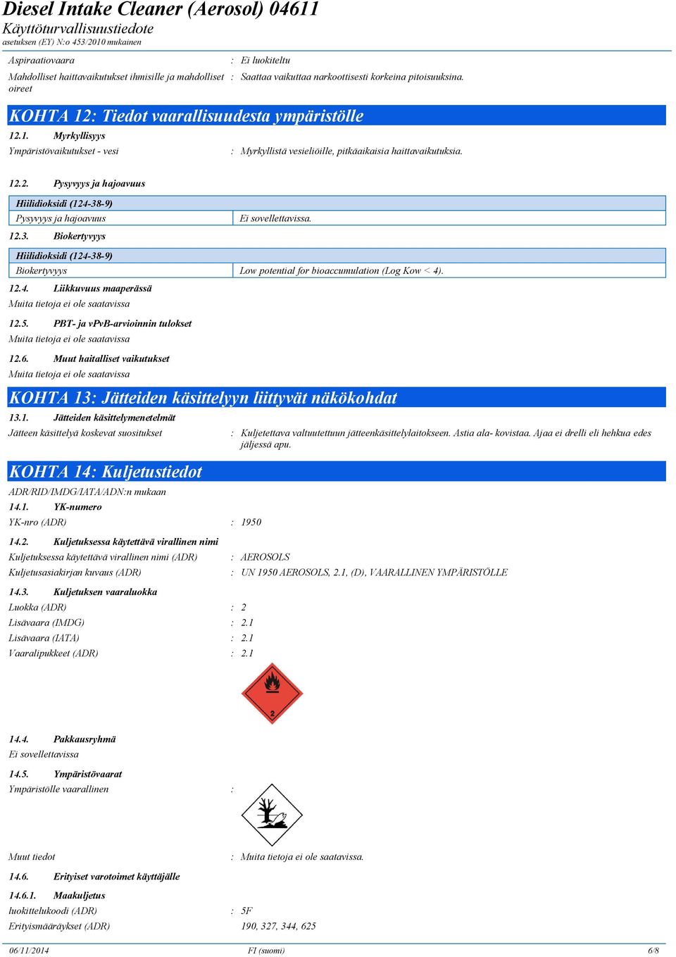 3. Biokertyvyys Ei sovellettavissa. Hiilidioksidi (124-38-9) Biokertyvyys Low potential for bioaccumulation (Log Kow < 4). 12.4. Liikkuvuus maaperässä 12.5. PBT- ja vpvb-arvioinnin tulokset 12.6.