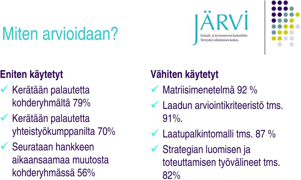 yhteistyökumppanilta 70% Seurataan hankkeen aikaansaamaa muutosta kohderyhmässä 56%