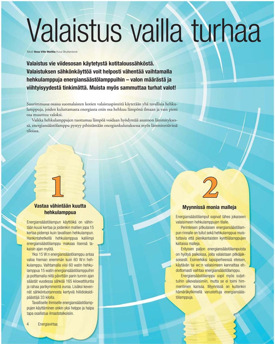 Suurimmassa osassa suomalaisten kotien valaistuspisteitä käytetään yhä tavallisia hehkulamppuja, joiden kuluttamasta energiasta enin osa hehkuu lämpönä ilmaan ja vain pieni osa muuttuu valoksi.