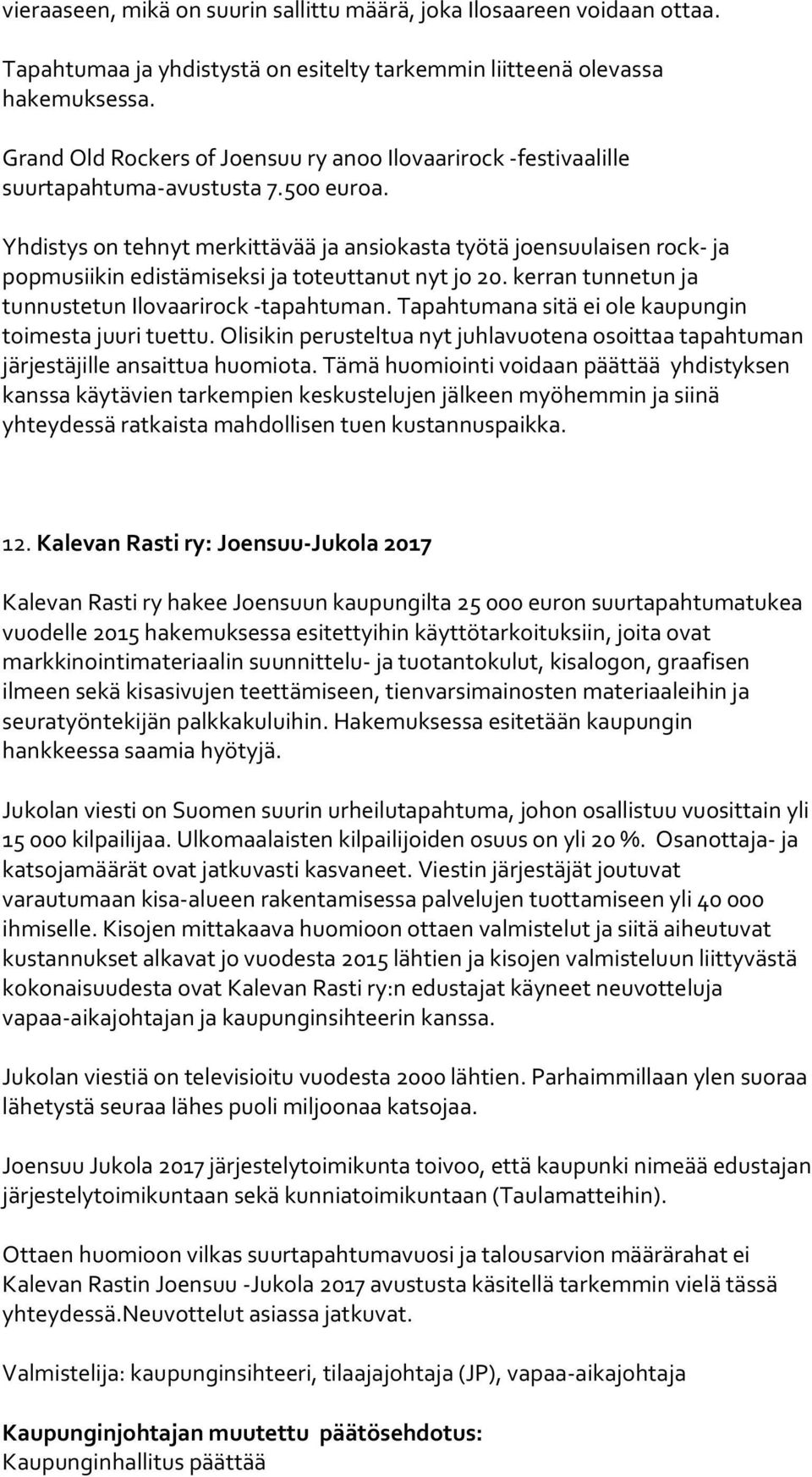 Yhdistys on tehnyt merkittävää ja ansiokasta työtä joensuulaisen rock- ja popmusiikin edistämiseksi ja toteuttanut nyt jo 20. kerran tunnetun ja tunnustetun Ilovaarirock -tapahtuman.