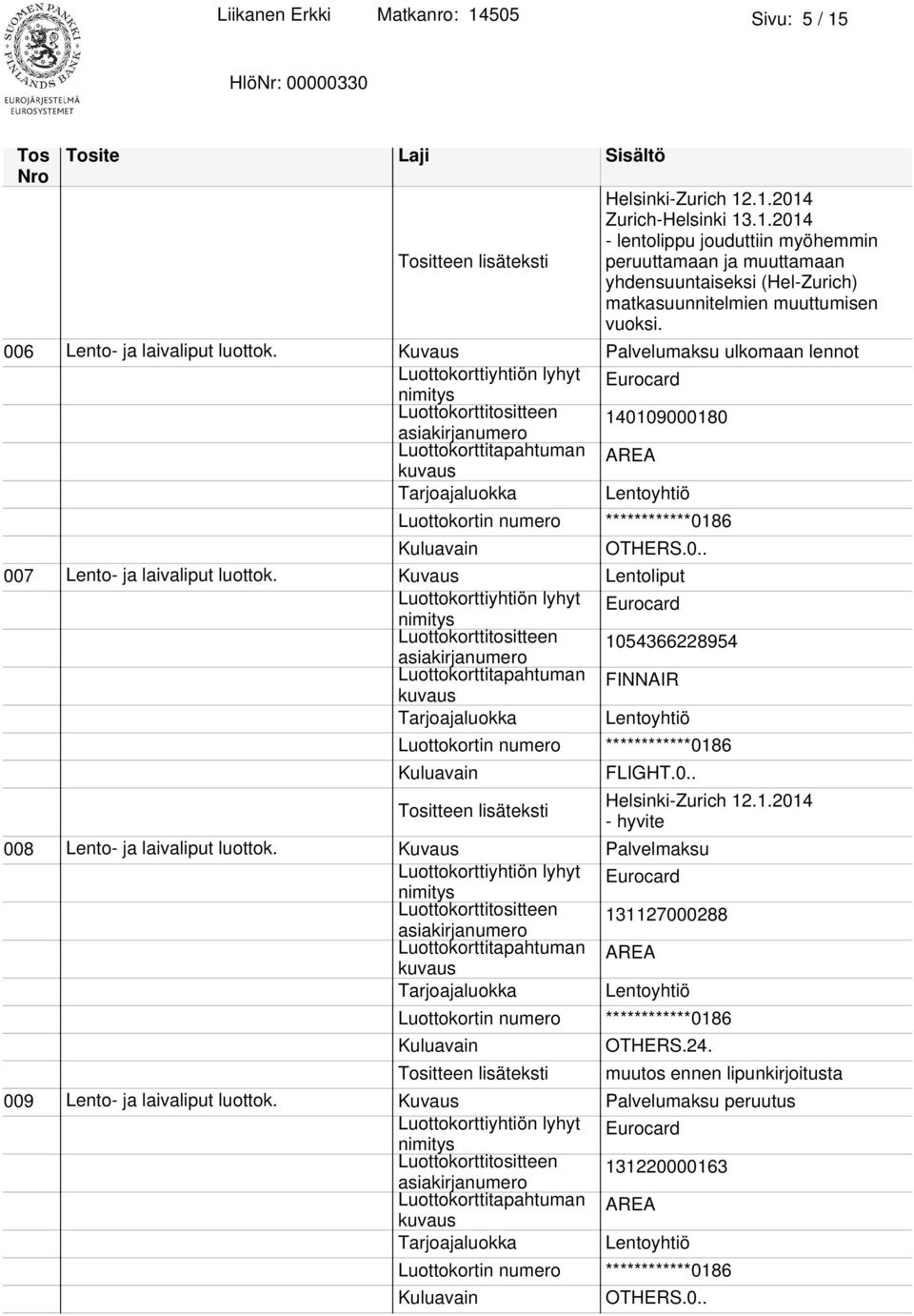 Kuvaus Lentoliput Luottokorttitositteen 1054366228954 Helsinki-Zurich 12.1.2014 - hyvite 008 Lento- ja laivaliput luottok.