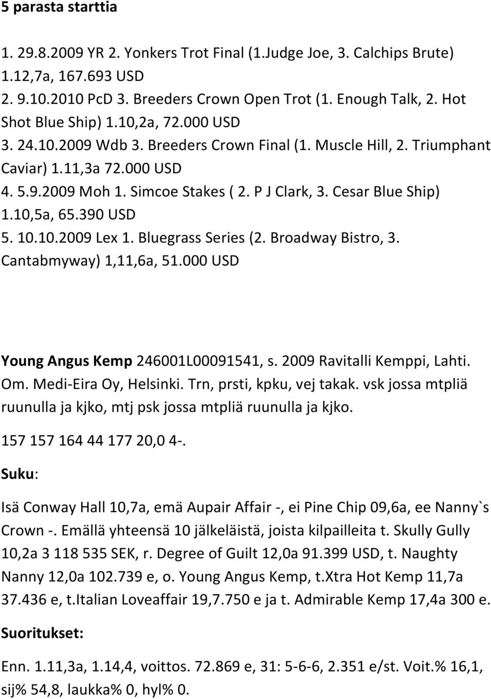 390 USD 5. 10.10.2009 Lex 1. Bluegrass Series (2. Broadway Bistro, 3. Cantabmyway) 1,11,6a, 51.000 USD Young Angus Kemp 246001L00091541, s. 2009 Ravitalli Kemppi, Lahti. Om. Medi-Eira Oy, Helsinki.