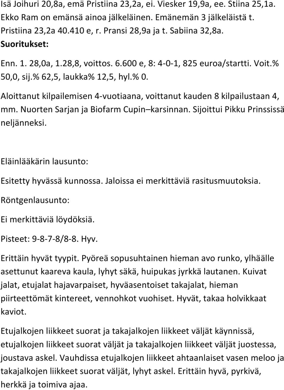 Aloittanut kilpailemisen 4-vuotiaana, voittanut kauden 8 kilpailustaan 4, mm. Nuorten Sarjan ja Biofarm Cupin karsinnan. Sijoittui Pikku Prinssissä neljänneksi. Esitetty hyvässä kunnossa.