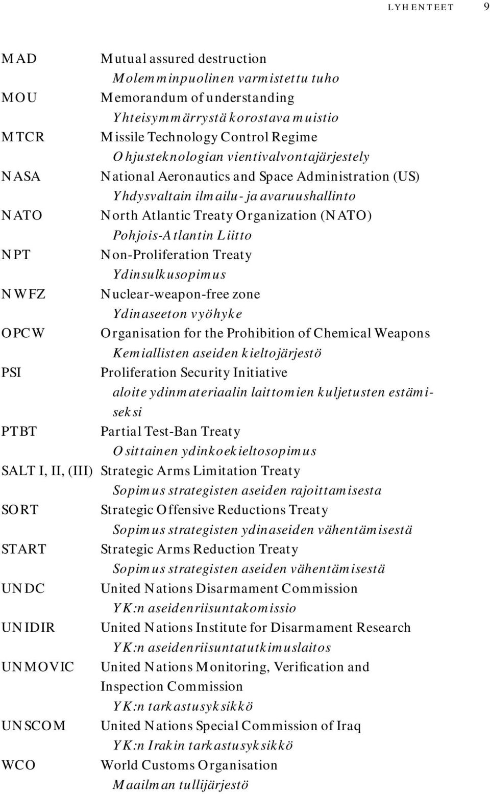 Non-Proliferation Treaty Ydinsulkusopimus NWFZ Nuclear-weapon-free zone Ydinaseeton vyöhyke OPCW Organisation for the Prohibition of Chemical Weapons Kemiallisten aseiden kieltojärjestö PSI