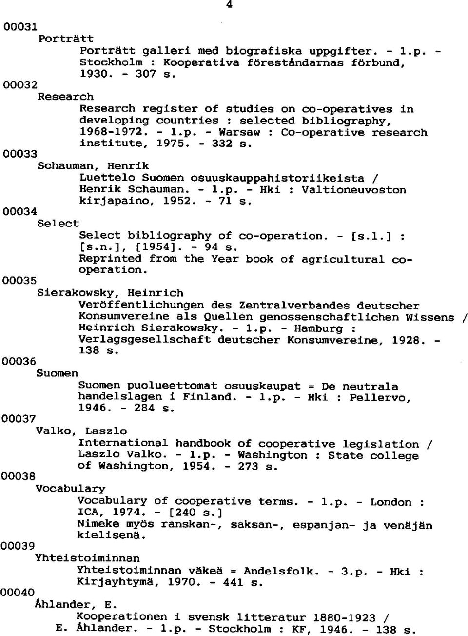 00033 Schauman, Henrik Luettelo Suomen osuuskauppahistoriikeista / Henrik Schauman. - l.p. - Hki : Valtioneuvoston kirjapaino, 1952. - 71 s. 00034 Select Select bibliography of co-operation. - [s.l.] : [s.