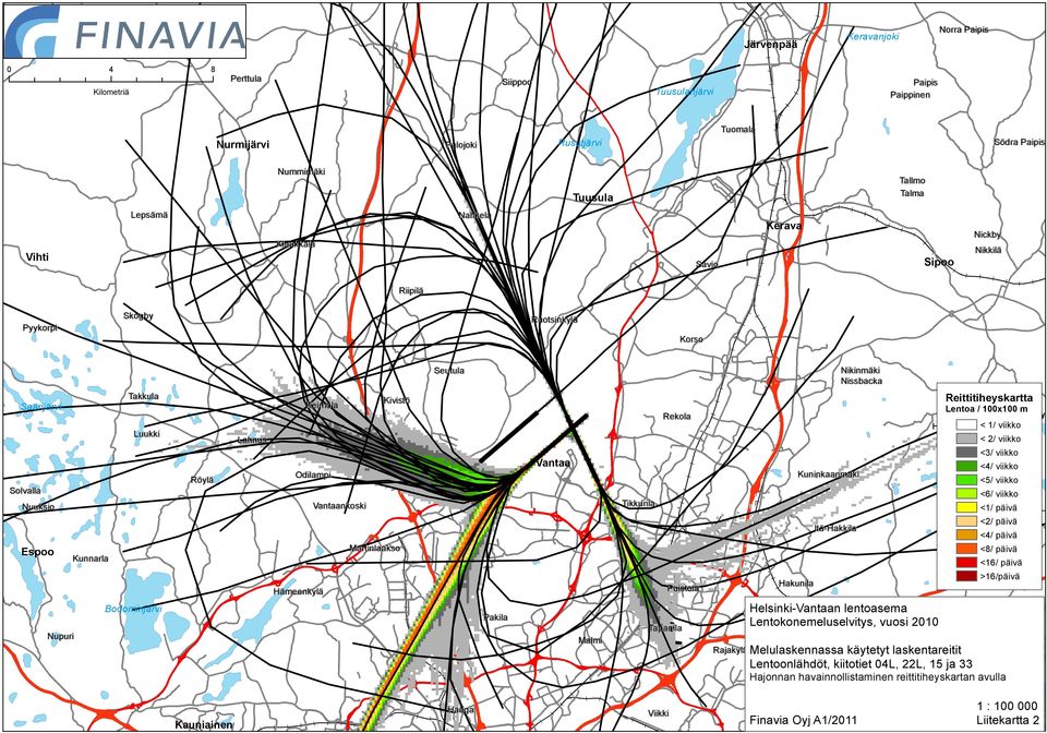 Kuninkaanmäki <5/ viikko Immersby <6/ viikko <1/ päivä Tikkurila Vantaankoski Nuuksio Reittitiheyskartta Lentoa / 1x1 m < 1/ viikko Hindsby < 2/ viikko Rekola Lahnus Röylä Solvalla Kivistö Keimola