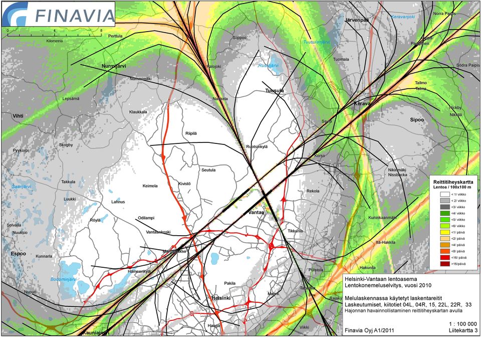 Kuninkaanmäki <2/ päivä <4/ päivä Massby <8/ päivä Martinlaakso Kunnarla <5/ viikko <1/ päivä Itä-Hakkila Espoo <4/ viikko Immersby <6/ viikko Tikkurila Vantaankoski Nuuksio Reittitiheyskartta Lentoa