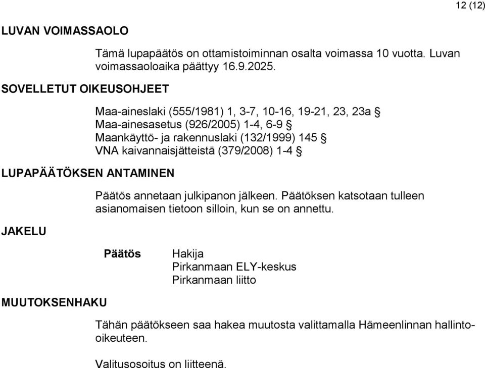 Maa-aineslaki (555/1981) 1, 3-7, 10-16, 19-21, 23, 23a Maa-ainesasetus (926/2005) 1-4, 6-9 Maankäyttö- ja rakennuslaki (132/1999) 145 VNA kaivannaisjätteistä