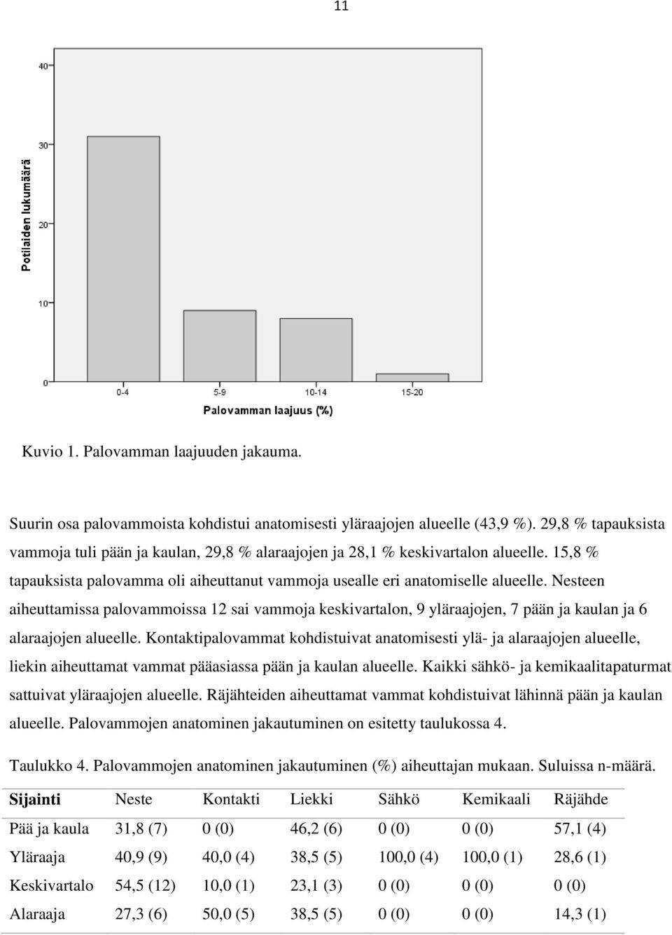 Nesteen aiheuttamissa palovammoissa 12 sai vammoja keskivartalon, 9 yläraajojen, 7 pään ja kaulan ja 6 alaraajojen alueelle.