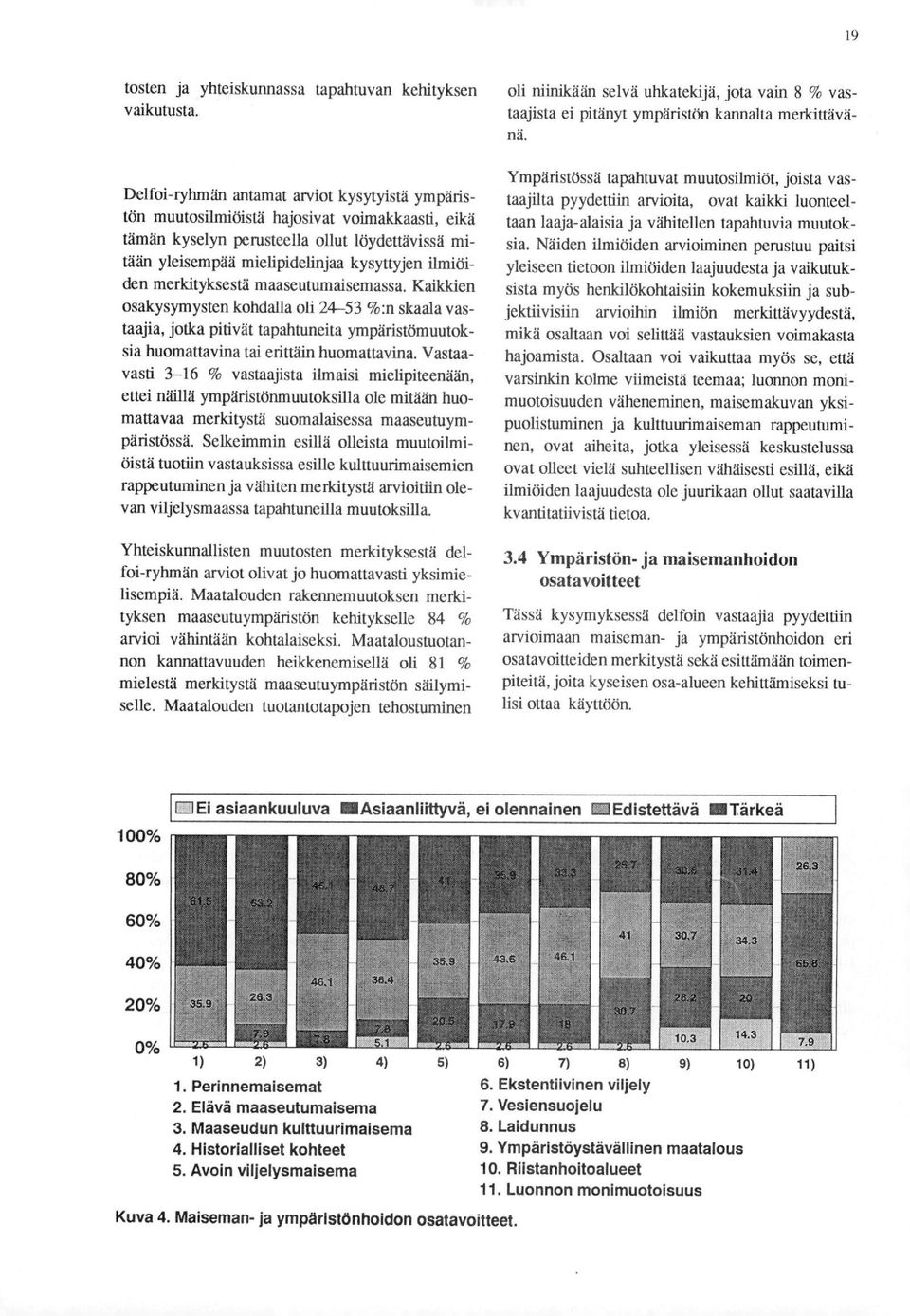 merkityksestä maaseutwnaisemassa. Kaikkien osakysymysten kohdalla oli 24-53 %:n skaala vastaajia, jotka pitivät tapahtuneita ympäristömuutoksia huomattavina tai erittäin huomattavina.