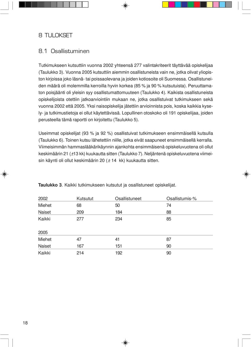 Osallistuneiden määrä oli molemmilla kerroilla hyvin korkea (85 % ja 90 % kutsutuista). Peruuttamaton poisjäänti oli yleisin syy osallistumattomuuteen (Taulukko 4).