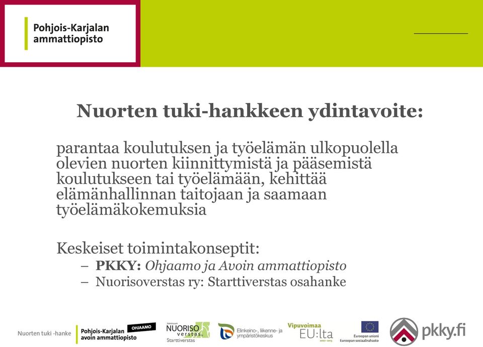 elämänhallinnan taitojaan ja saamaan työelämäkokemuksia Keskeiset