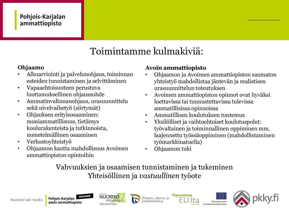 mahdollisuus Avoimen ammattiopiston opintoihin Avoin ammattiopisto Ohjaamon ja Avoimen ammattiopiston saumaton yhteistyö mahdollistaa jäntevän ja realistisen urasuunnittelun toteutuksen Avoimen