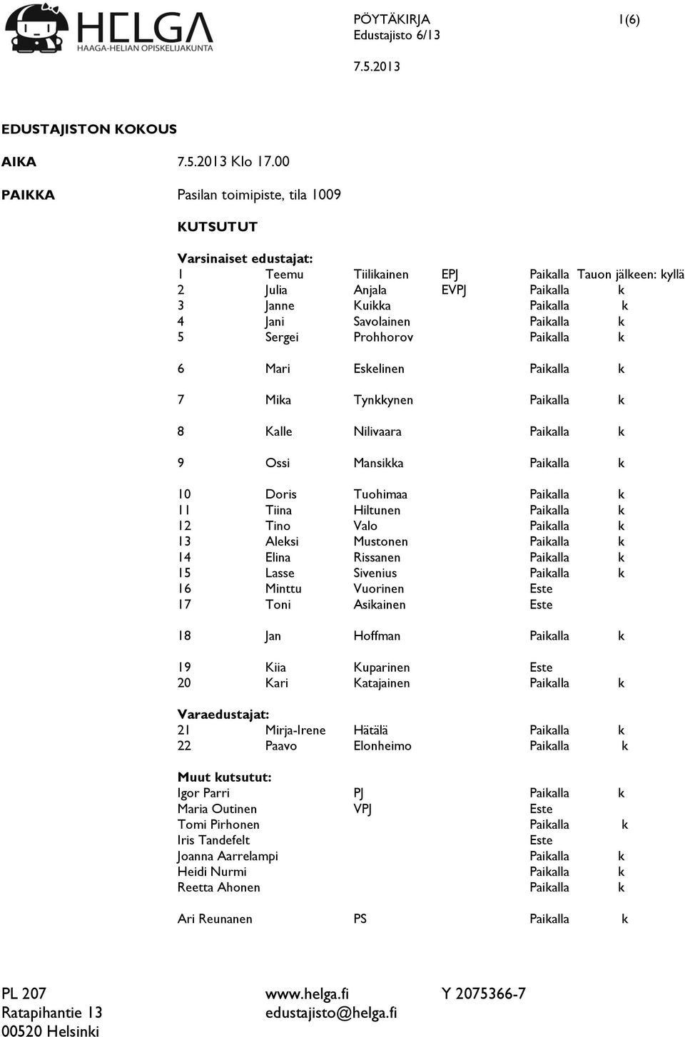 Savolainen Paikalla k 5 Sergei Prohhorov Paikalla k 6 Mari Eskelinen Paikalla k 7 Mika Tynkkynen Paikalla k 8 Kalle Nilivaara Paikalla k 9 Ossi Mansikka Paikalla k 10 Doris Tuohimaa Paikalla k 11