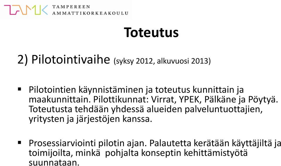 Toteutusta tehdään yhdessä alueiden palveluntuottajien, yritysten ja järjestöjen kanssa.