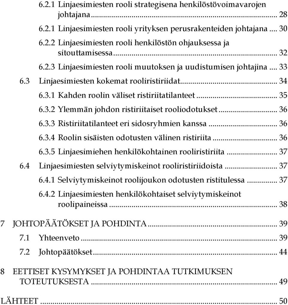 .. 36 6.3.3 Ristiriitatilanteet eri sidosryhmien kanssa... 36 6.3.4 Roolin sisäisten odotusten välinen ristiriita... 36 6.3.5 Linjaesimiehen henkilökohtainen rooliristiriita... 37 6.