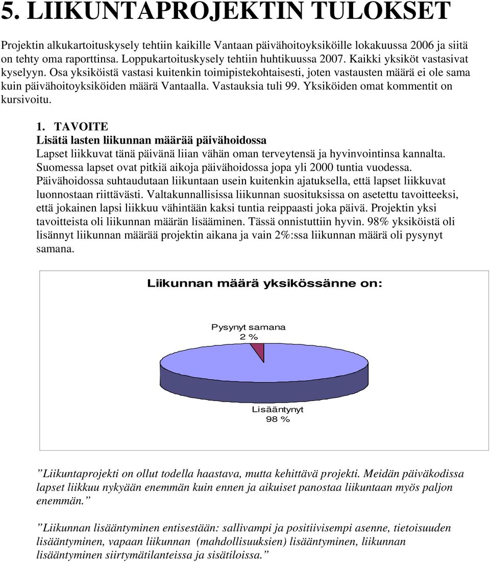 Osa yksiköistä vastasi kuitenkin toimipistekohtaisesti, joten vastausten määrä ei ole sama kuin päivähoitoyksiköiden määrä Vantaalla. Vastauksia tuli 99. Yksiköiden omat kommentit on kursivoitu. 1.