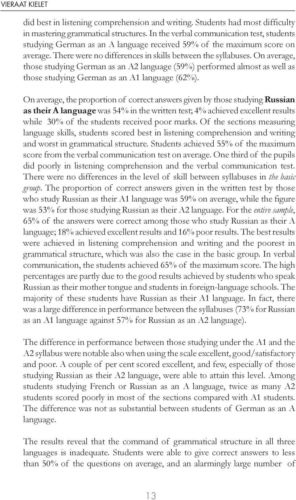On average, those studying German as an A2 language (59%) performed almost as well as those studying German as an A1 language (62%).