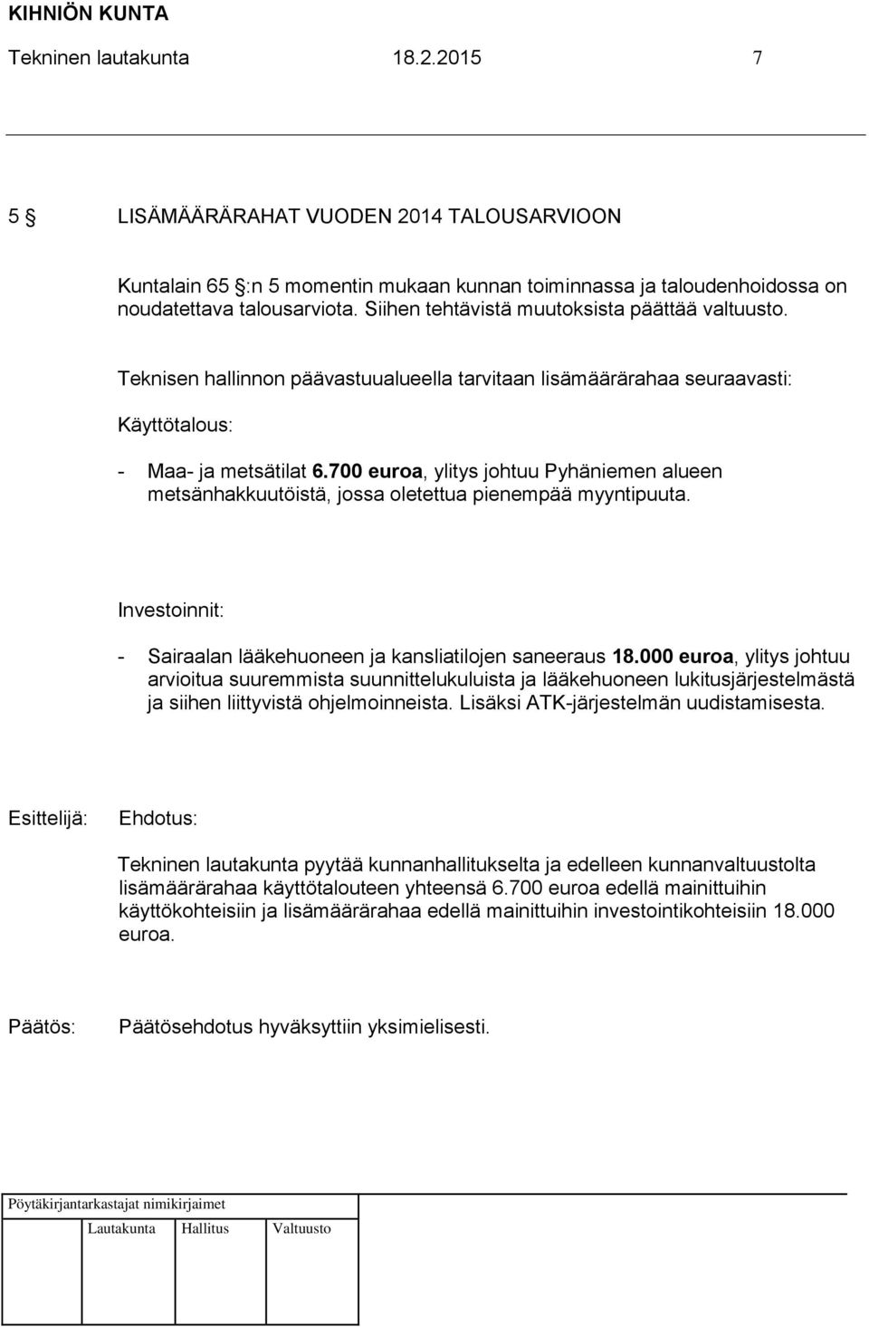 700 euroa, ylitys johtuu Pyhäniemen alueen metsänhakkuutöistä, jossa oletettua pienempää myyntipuuta. Investoinnit: - Sairaalan lääkehuoneen ja kansliatilojen saneeraus 18.