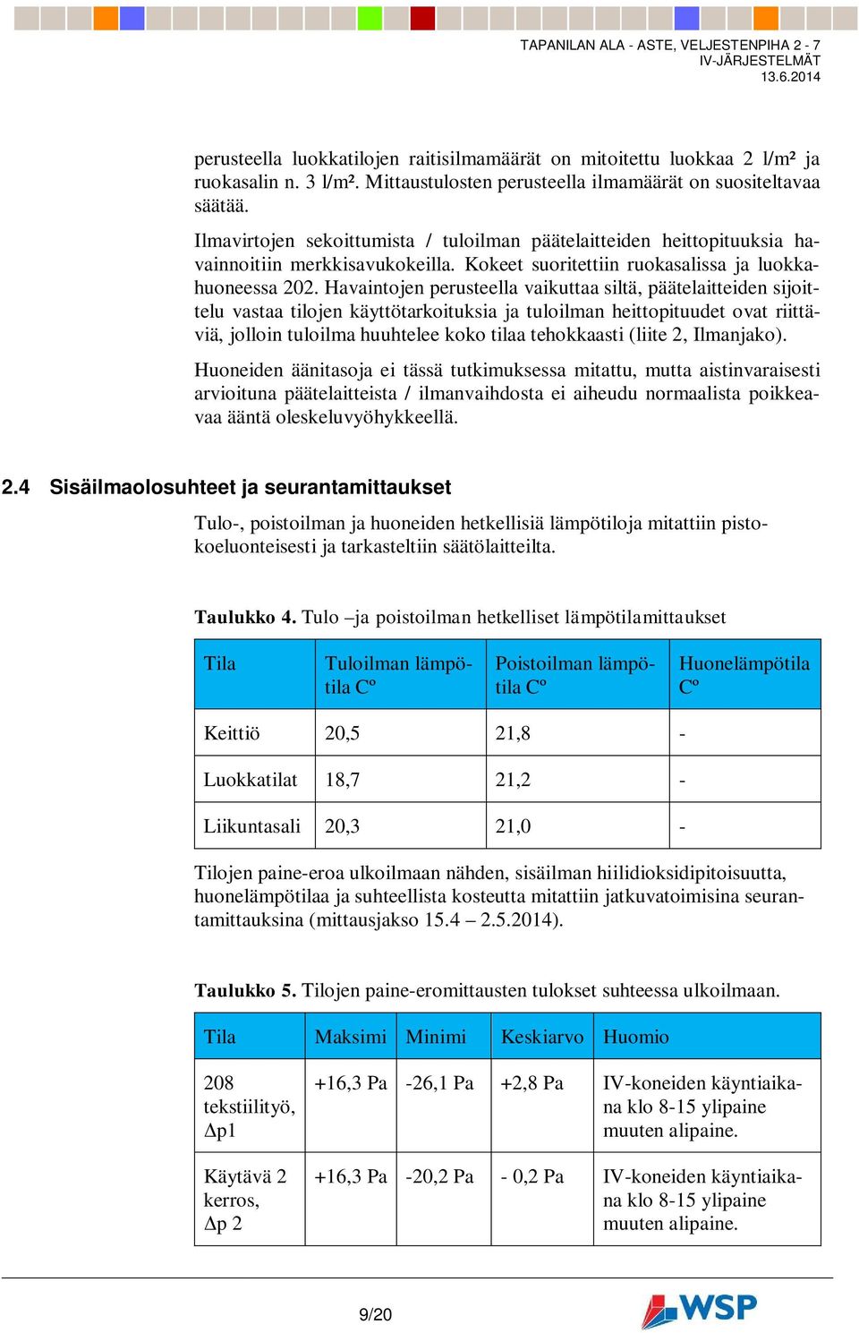 Havaintojen perusteella vaikuttaa siltä, päätelaitteiden sijoittelu vastaa tilojen käyttötarkoituksia ja tuloilman heittopituudet ovat riittäviä, jolloin tuloilma huuhtelee koko tilaa tehokkaasti