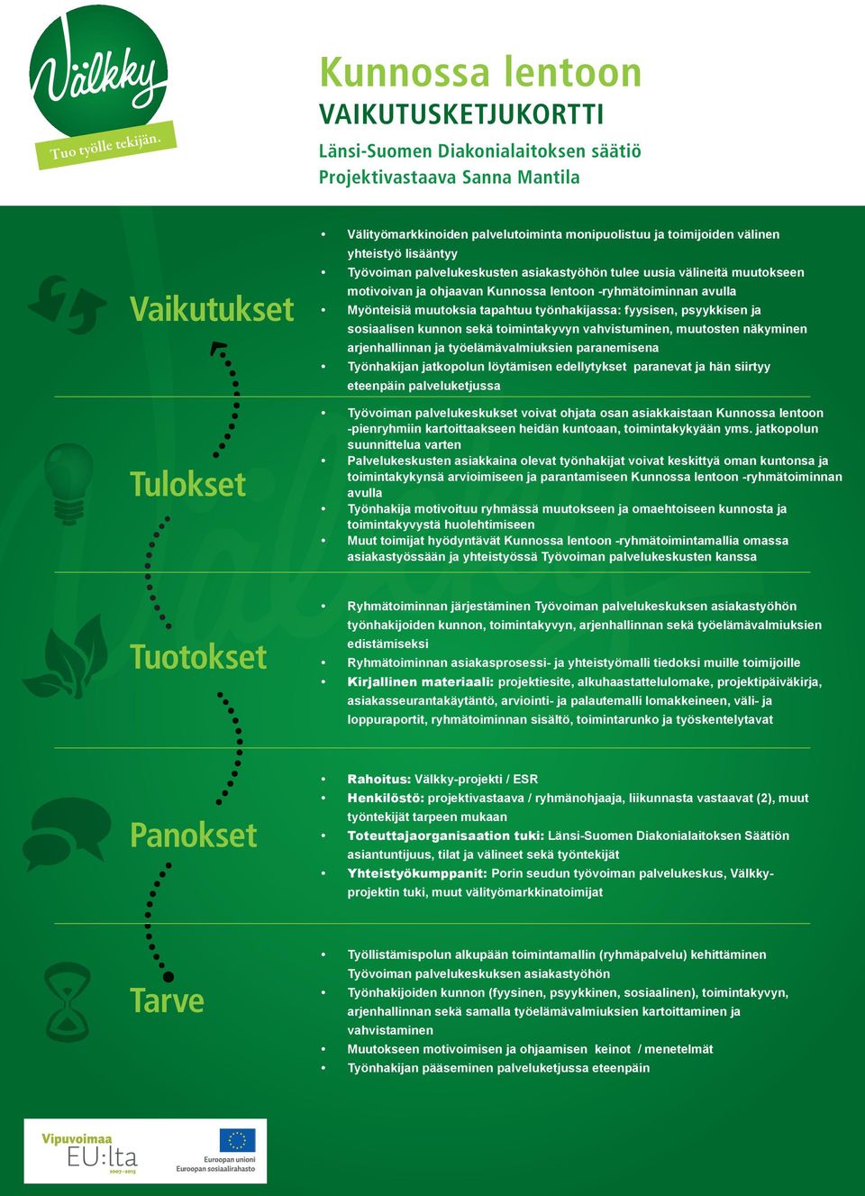 sosiaalisen kunnon sekä toimintakyvyn vahvistuminen, muutosten näkyminen arjenhallinnan ja työelämävalmiuksien paranemisena Työnhakijan jatkopolun löytämisen edellytykset paranevat ja hän siirtyy