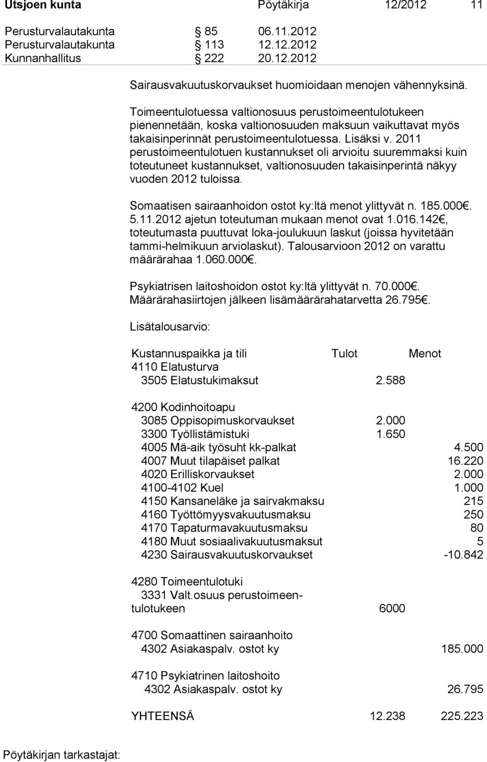 2011 perustoimeentulotuen kustannukset oli arvioitu suuremmaksi kuin toteutuneet kustannukset, valtionosuuden takaisinperintä näkyy vuoden 2012 tuloissa.