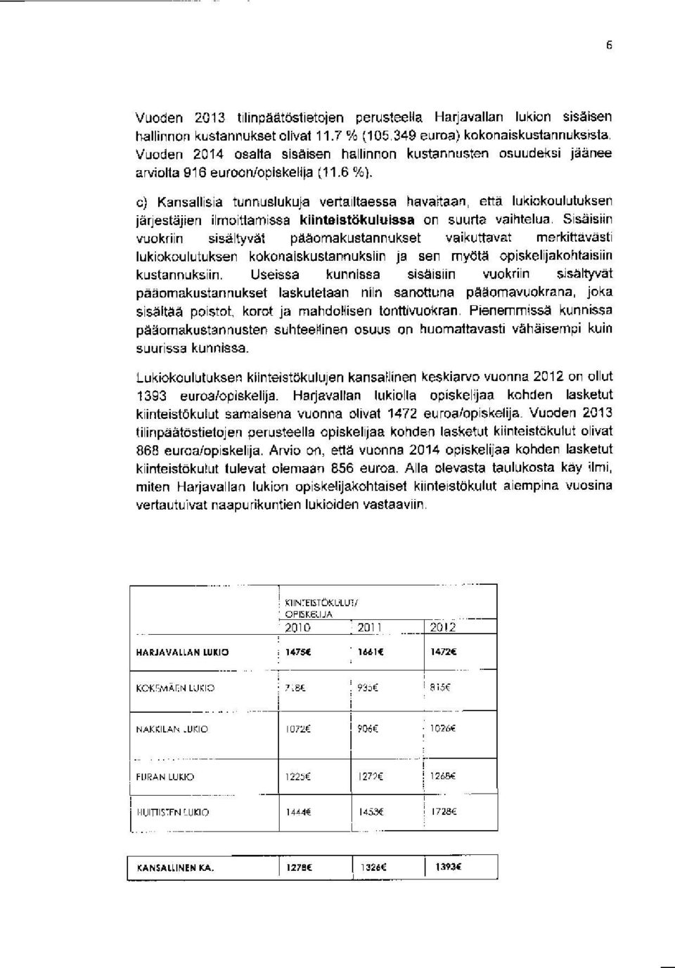 6 %), c) Kansallisia tunnuslukuja vertailtaessa havaitaan, että lukiokoulutuksen järjestäjien ilmoittamissa kiinteistökuluissa on suurta vaihtelua.