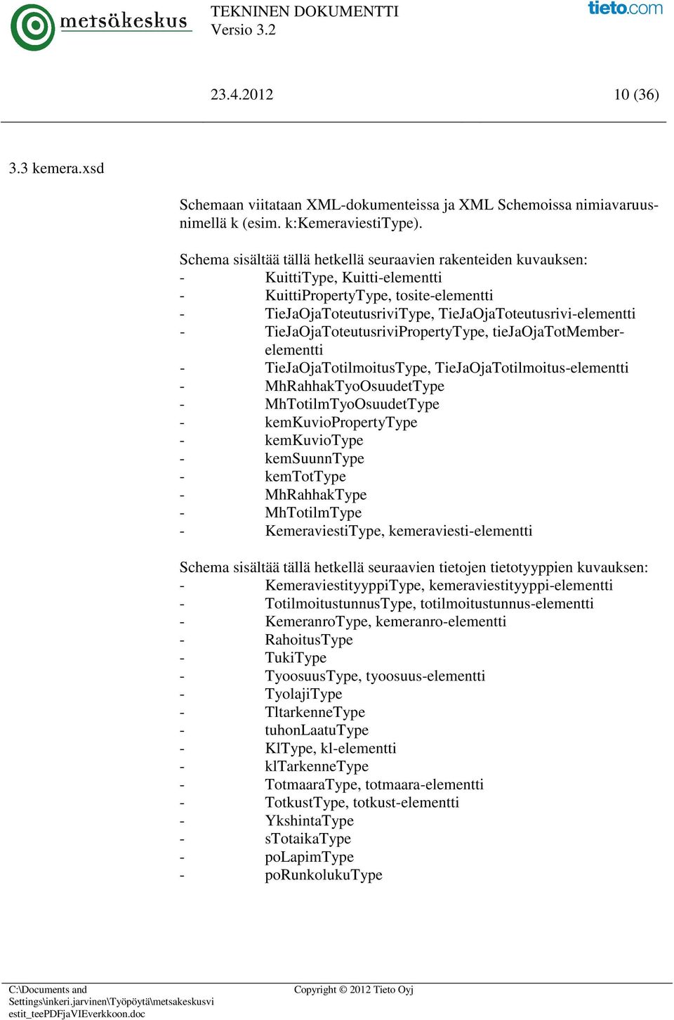 TieJaOjaToteutusriviPropertyType, tiejaojatotmemberelementti - TieJaOjaTotilmoitusType, TieJaOjaTotilmoitus-elementti - MhRahhakTyoOsuudetType - MhTotilmTyoOsuudetType - kemkuviopropertytype -