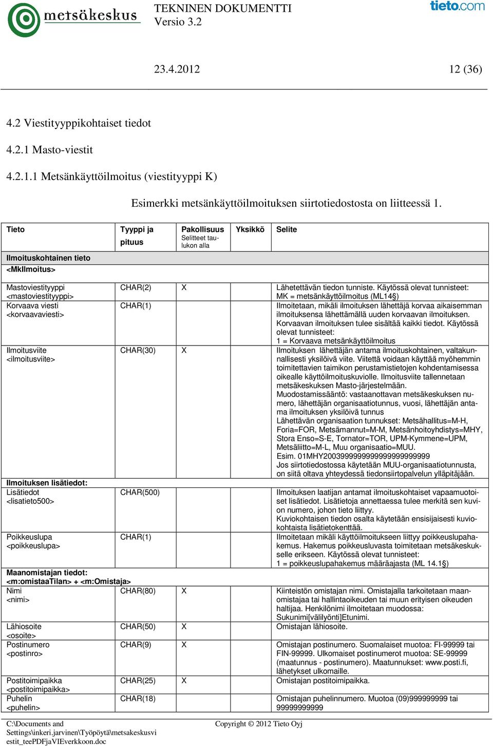 <ilmoitusviite> Ilmoituksen lisätiedot: Lisätiedot <lisatieto500> Poikkeuslupa <poikkeuslupa> Maanomistajan tiedot: <m:omistaatilan> + <m:omistaja> Nimi <nimi> Lähiosoite <osoite> Postinumero