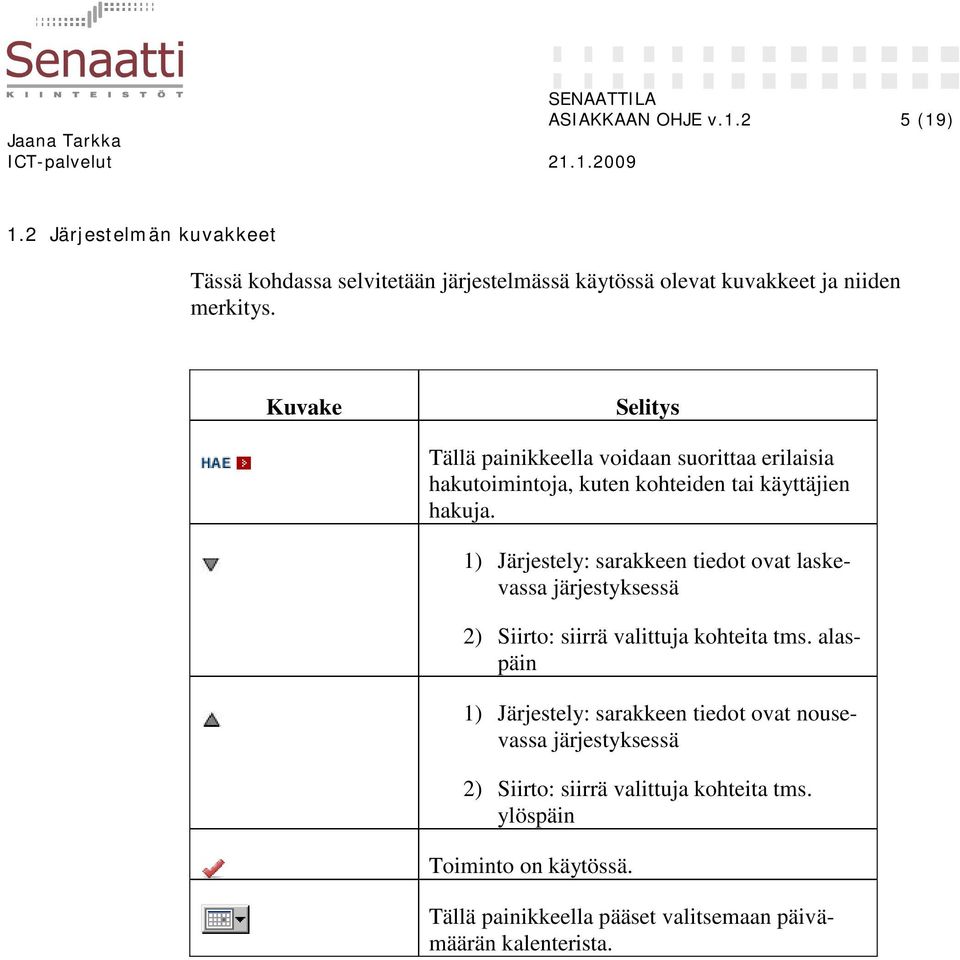 1) Järjestely: sarakkeen tiedot ovat laskevassa järjestyksessä 2) Siirto: siirrä valittuja kohteita tms.