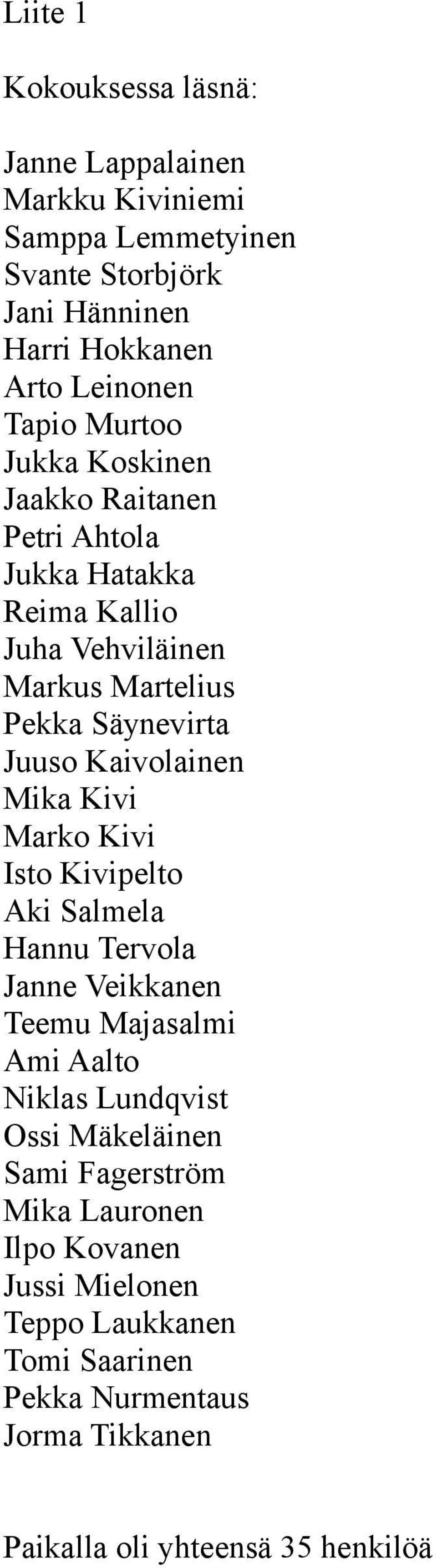 Kaivolainen Mika Kivi Marko Kivi Isto Kivipelto Aki Salmela Hannu Tervola Janne Veikkanen Teemu Majasalmi Ami Aalto Niklas Lundqvist Ossi