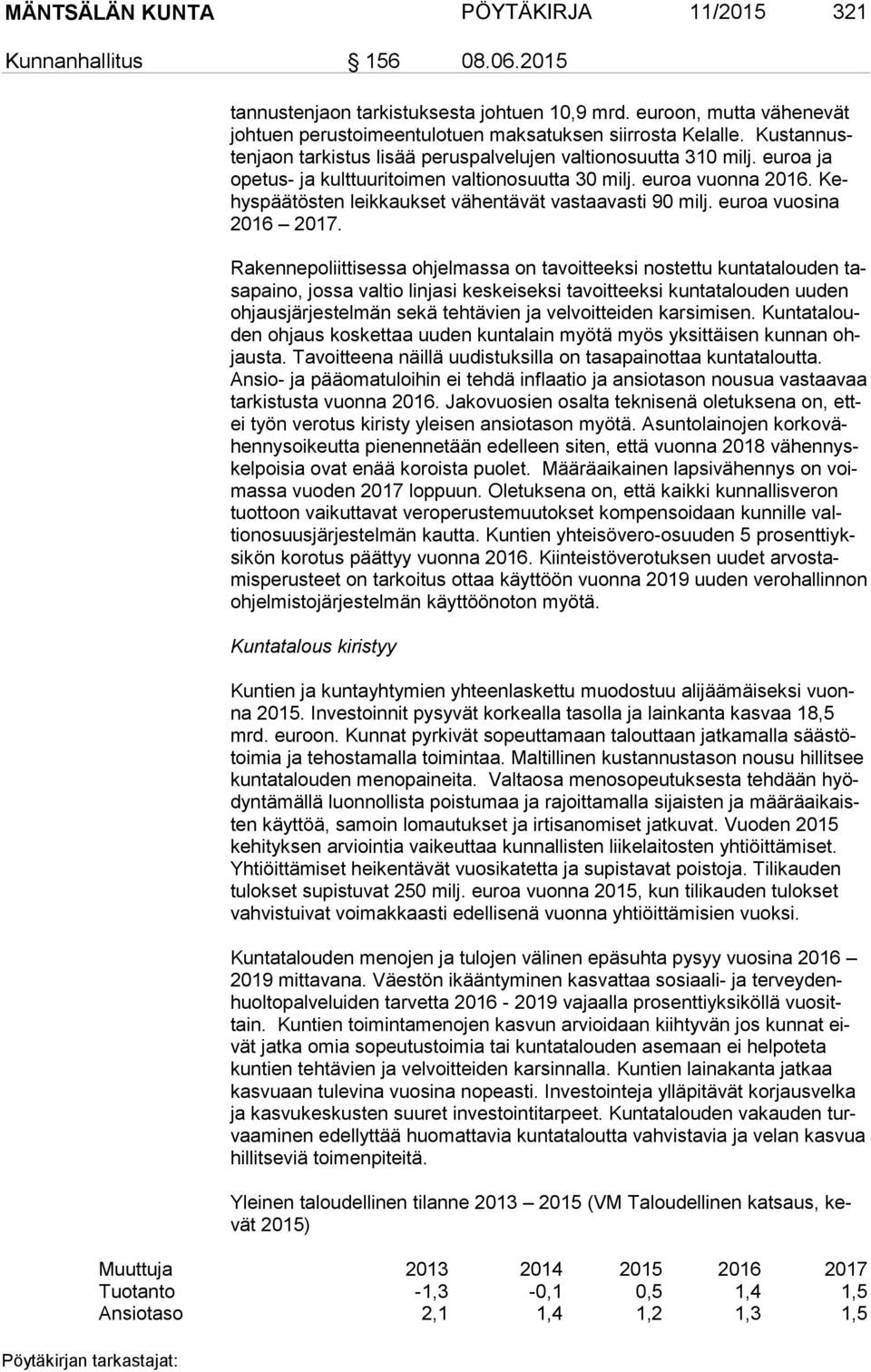 euroa ja ope tus- ja kulttuuritoimen valtionosuutta 30 milj. euroa vuonna 2016. Kehys pää tös ten leikkaukset vähentävät vastaavasti 90 milj. euroa vuosina 2016 2017.