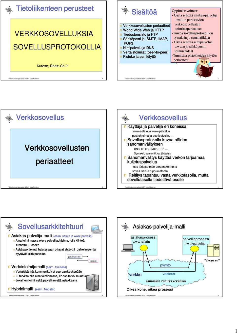 syntaksia ja semantiikkaa - Osata selittää nimipalvelun, www:n ja sähköpostin toimintaideat -Tunnistaa pistokkeiden käytön periaatteet Kurose, Ross: Ch 2 Tietoliikenteen perusteet /2007/ Liisa