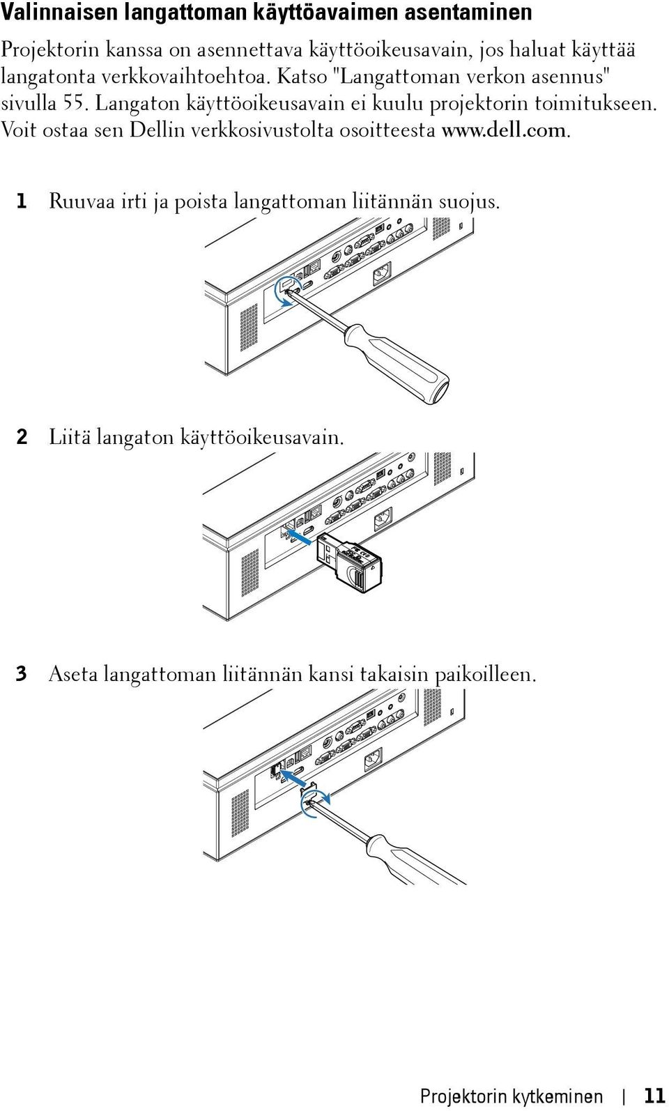 Langaton käyttöoikeusavain ei kuulu projektorin toimitukseen. Voit ostaa sen Dellin verkkosivustolta osoitteesta www.dell.