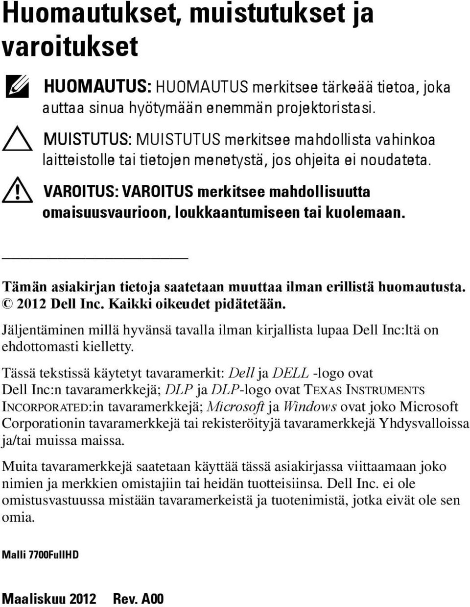 VAROITUS: VAROITUS merkitsee mahdollisuutta omaisuusvaurioon, loukkaantumiseen tai kuolemaan. Tämän asiakirjan tietoja saatetaan muuttaa ilman erillistä huomautusta. 2012 Dell Inc.