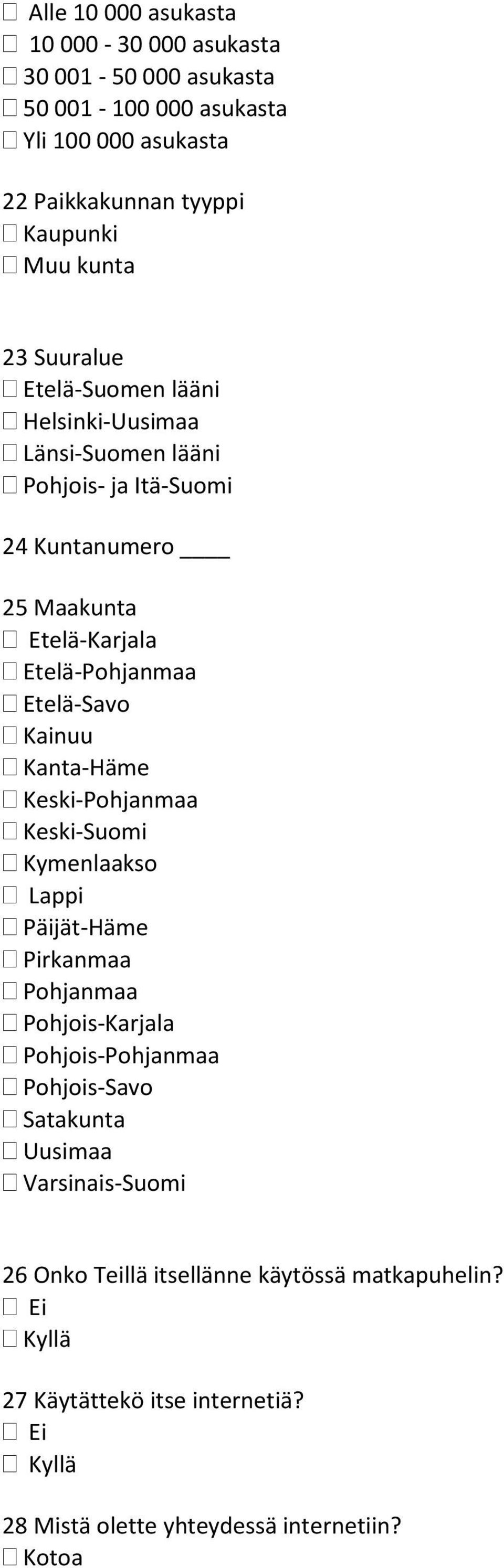 Etelä-Savo Kainuu Kanta-Häme Keski-Pohjanmaa Keski-Suomi Kymenlaakso Lappi Päijät-Häme Pirkanmaa Pohjanmaa Pohjois-Karjala Pohjois-Pohjanmaa Pohjois-Savo